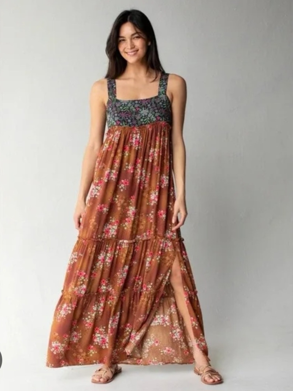 NATURAL LIFE Brown Floral Maxi Dress with Contrasting Embroidered Bodice